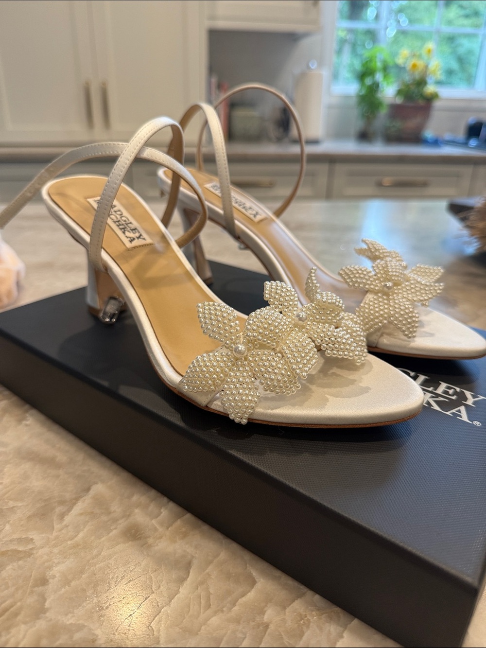 Badgley Mischka Ivory Pearl Floral Slingback Heels